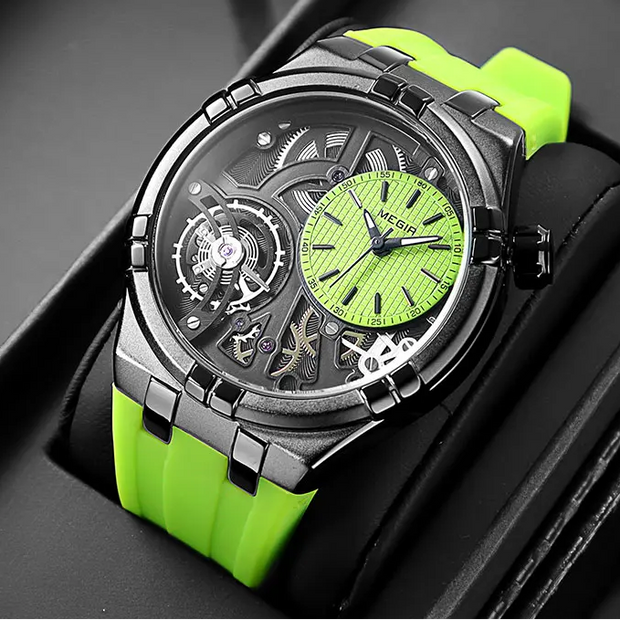 Montre mécanique à remontage automatique avec cadran ouvert et bracelet en silicone pour hommes
