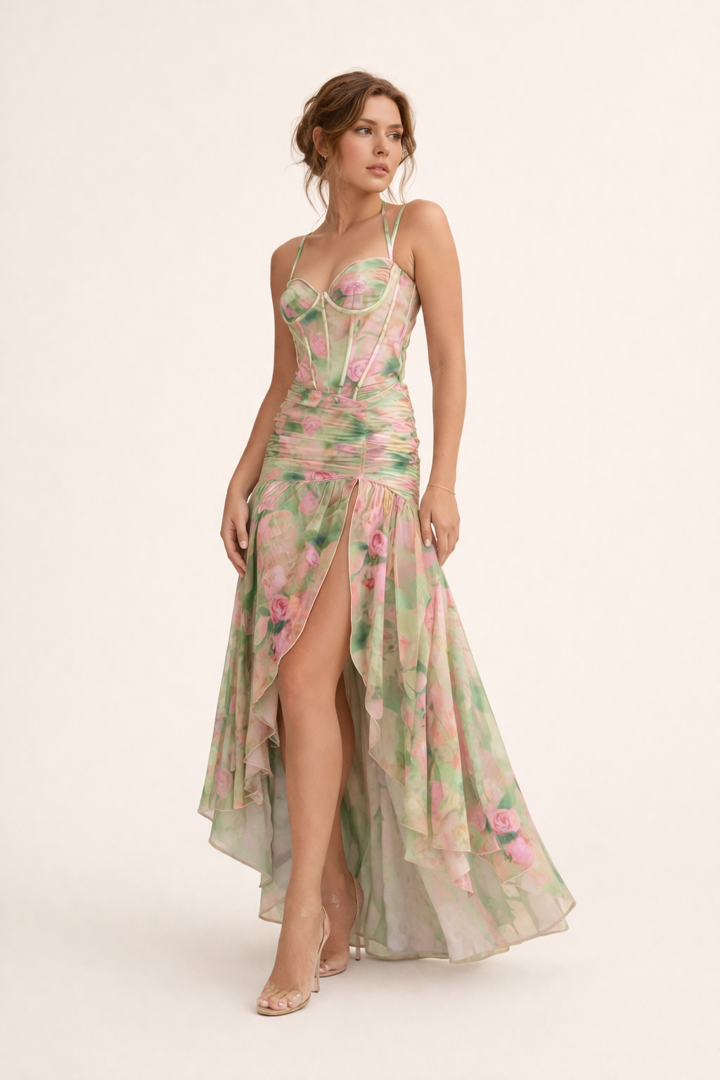 Langes geblümtes Damenkleid im eleganten Stil - Carla