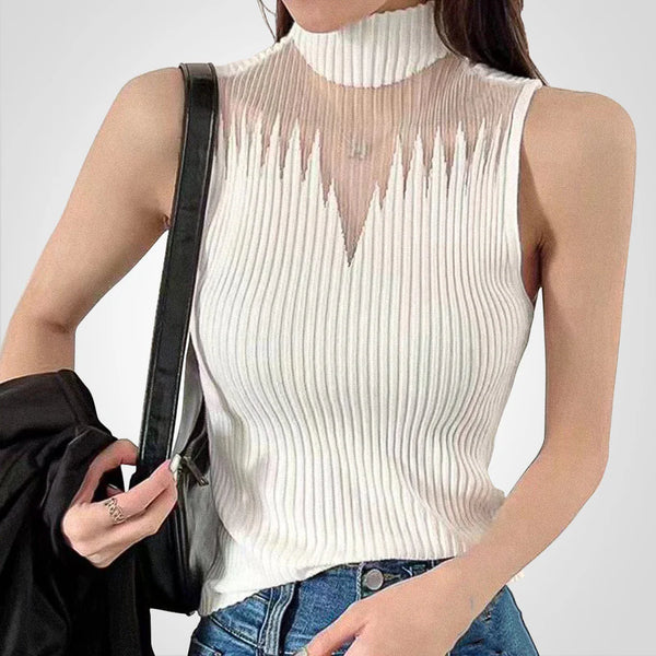 Charlotte - Top crop transparent en maille avec bretelles autour du cou