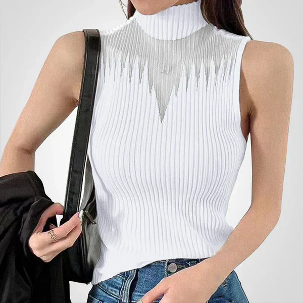 Charlotte - Top crop transparent en maille avec bretelles autour du cou