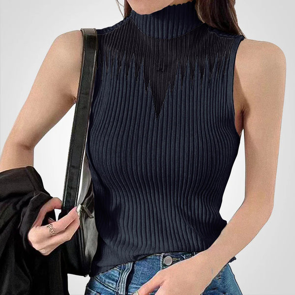 Charlotte - Top crop transparent en maille avec bretelles autour du cou