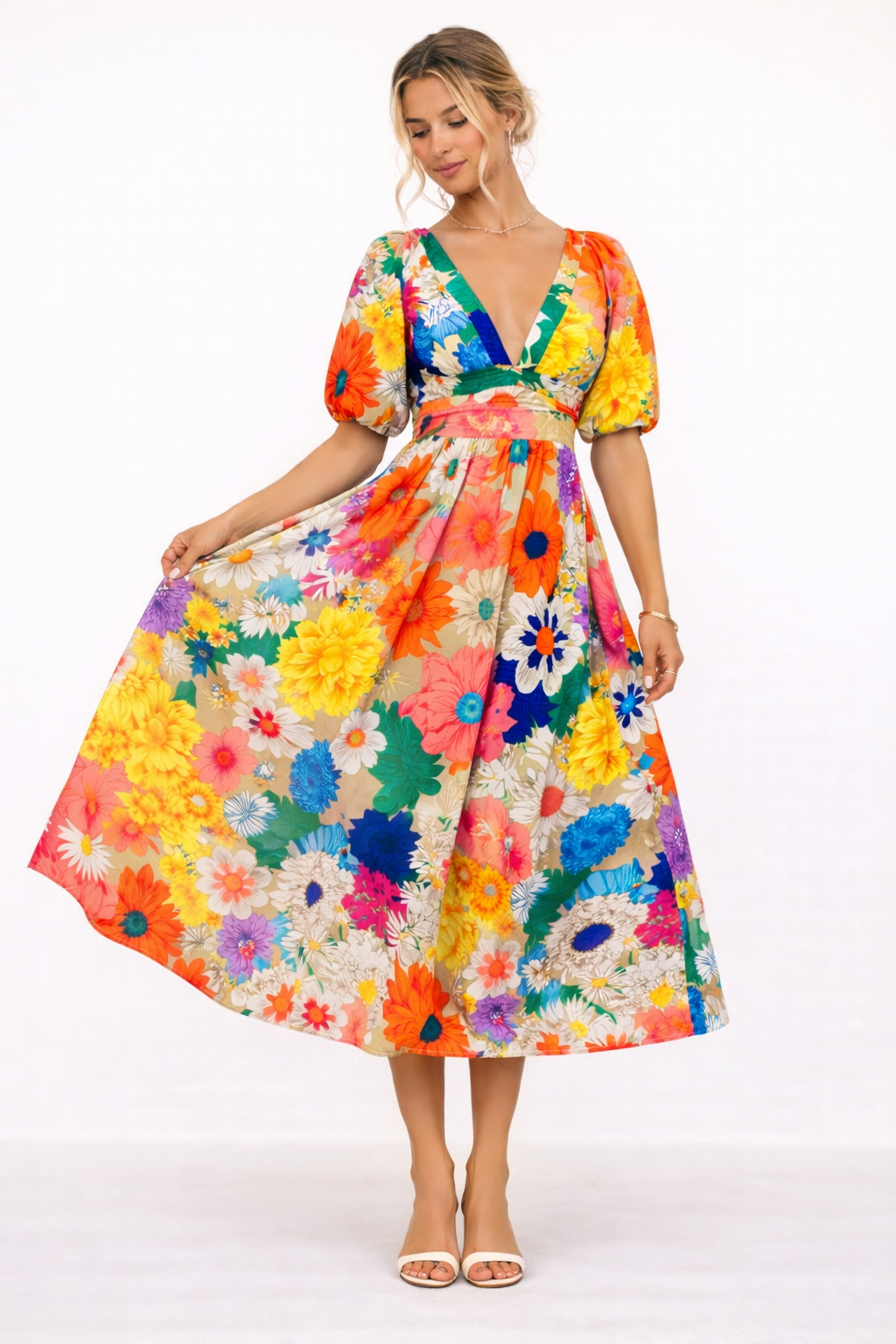 Midikleid mit Blumenmuster, V-Ausschnitt und kurzen Puffärmeln - Elviane