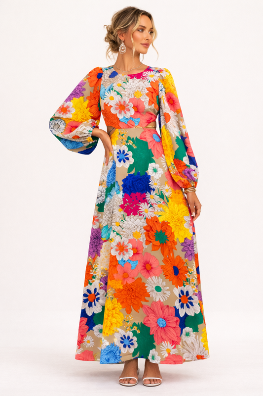 Robe longue à imprimé floral et manches longues bouffantes - Orlena