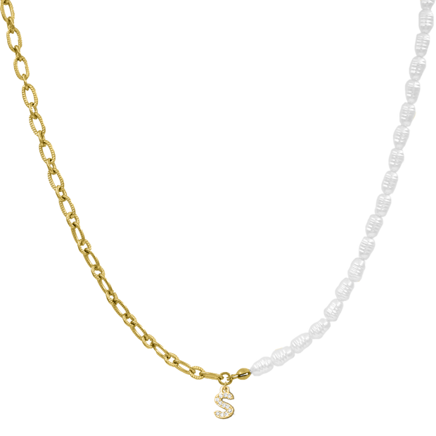 Elégant Pearl Mini Diamond Letter Chain 14K plaqué or