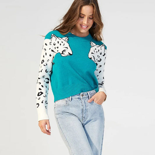 Bianca - Pull avec motif léopard contrasté sur les manches
