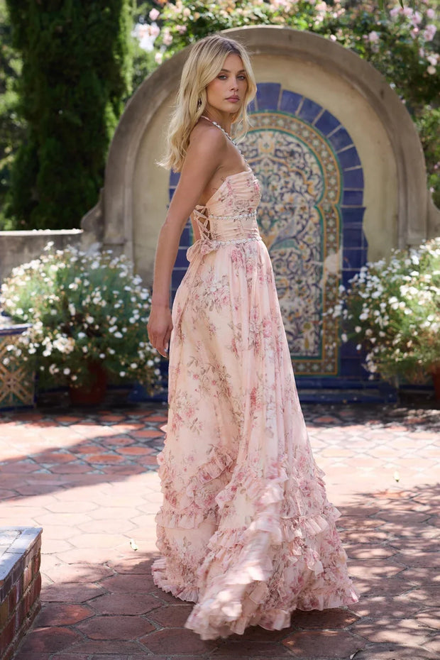 Antonella - Longue robe florale avec fente et volants