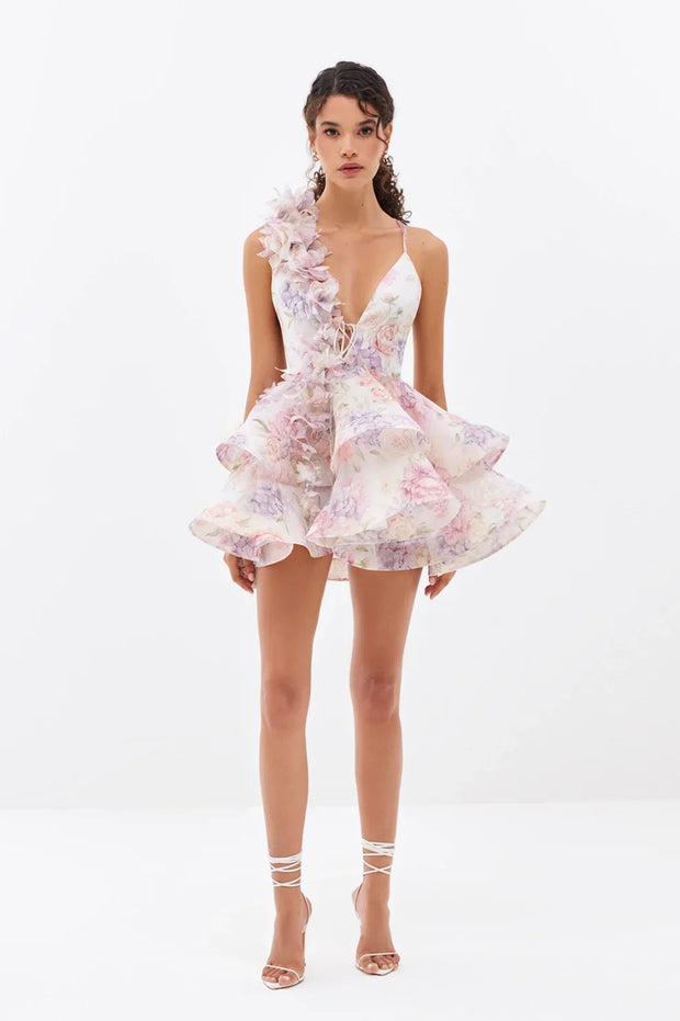 Isabella - Mini robe avec fleur 3D et volants en gaze