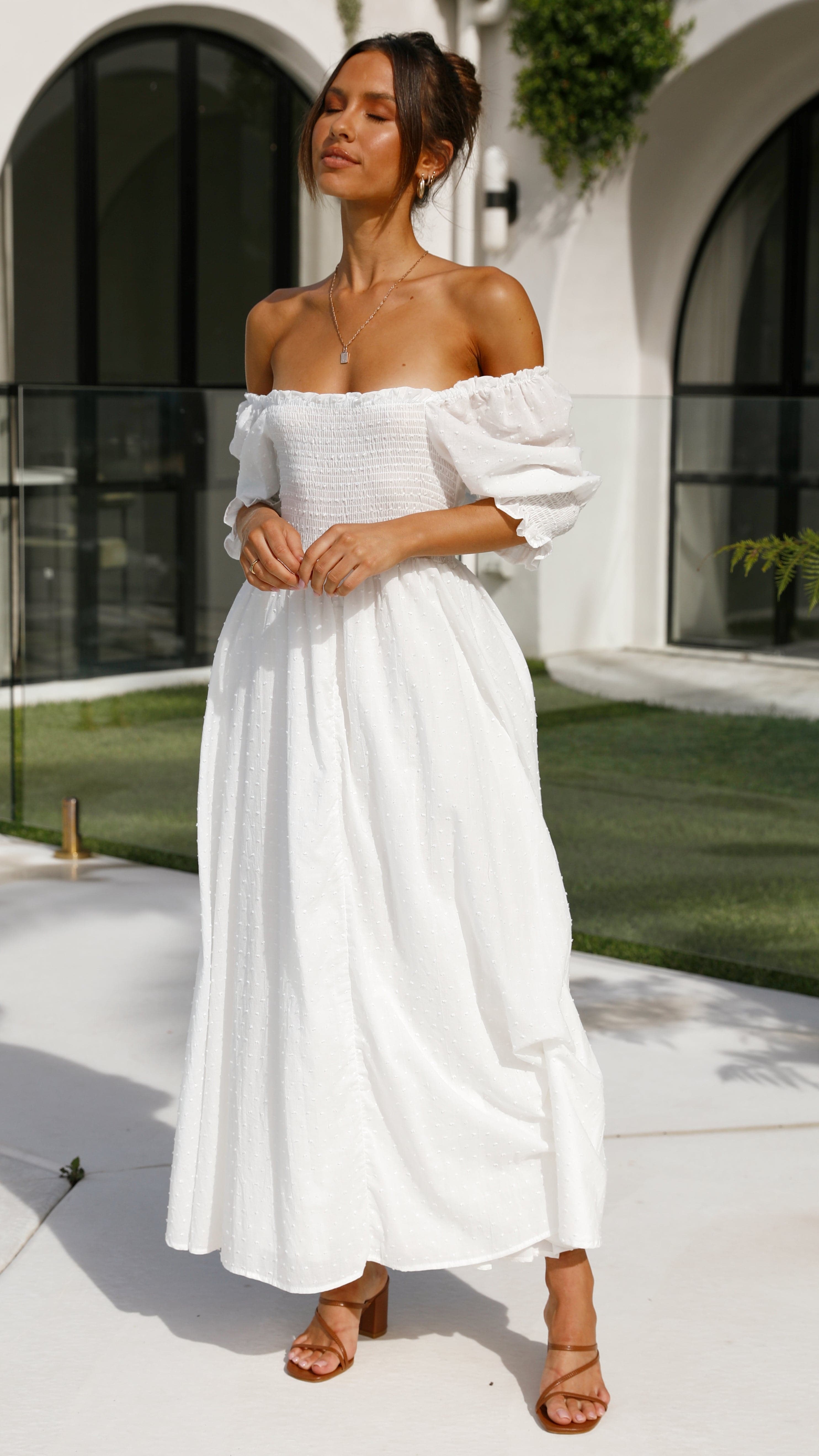 Weißes Midi-Kleid mit freien Schultern für Damen – Renata