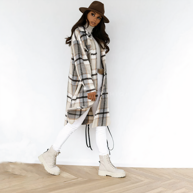 LARA - Long manteau d'hiver à carreaux