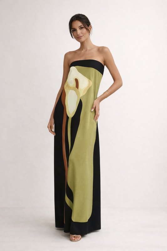 Robe longue d'été sans bretelles imprimée avec élégance - Rivelle