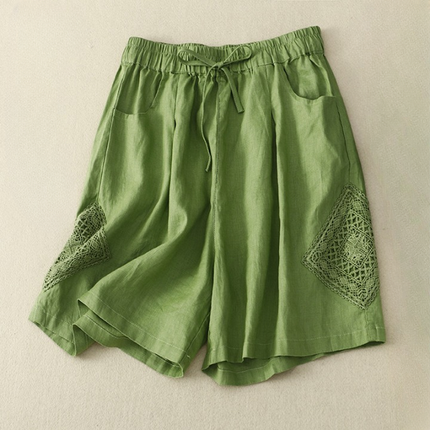 Short en lin pour femme avec broderie sur le côté et taille réglable - Paloma