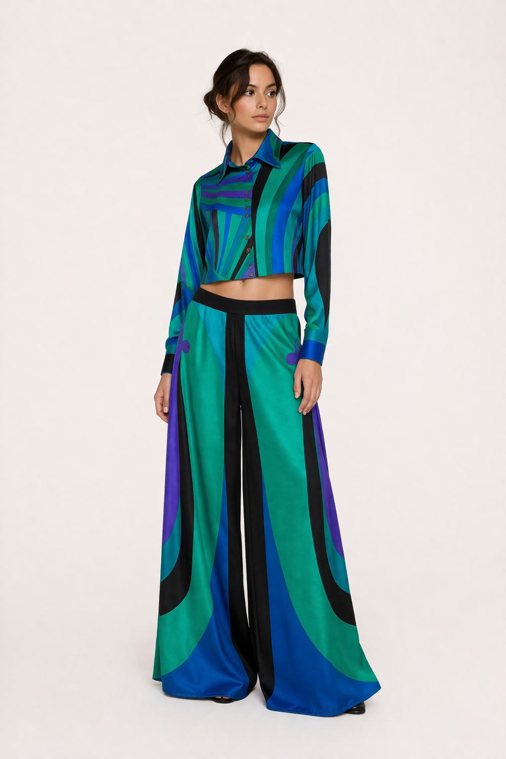 Langärmeliges Damenoberteil, lange Ärmel, weite Hose, eleganter Druck - Jenna