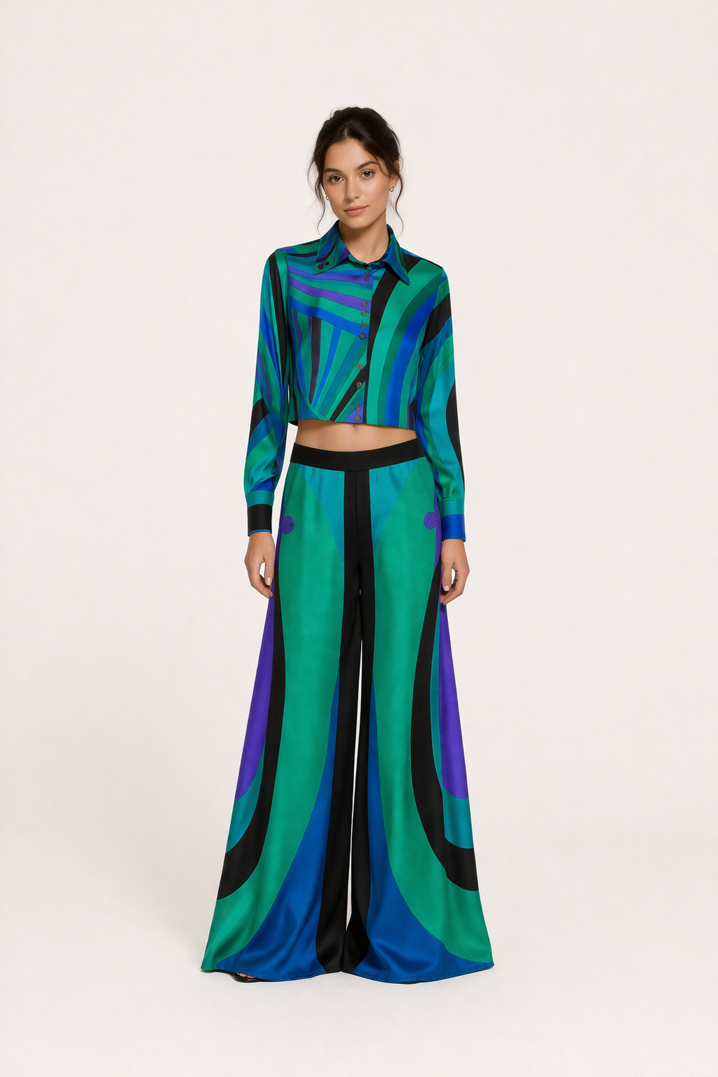 Langärmeliges Damenoberteil, lange Ärmel, weite Hose, eleganter Druck - Jenna