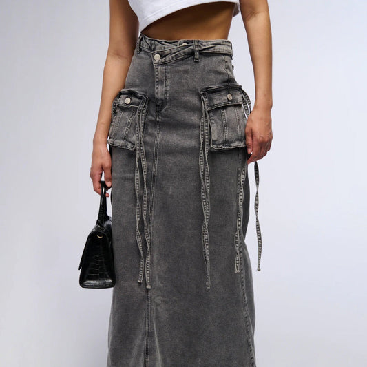 Jupe longue en denim pour femmes avec poches utilitaires style droit - Renata