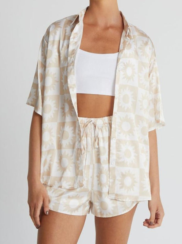 Cream Solid Color Floral Two Piece Loose Set