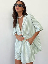 Two Piece Loose White Stripes Short Sleeves Set