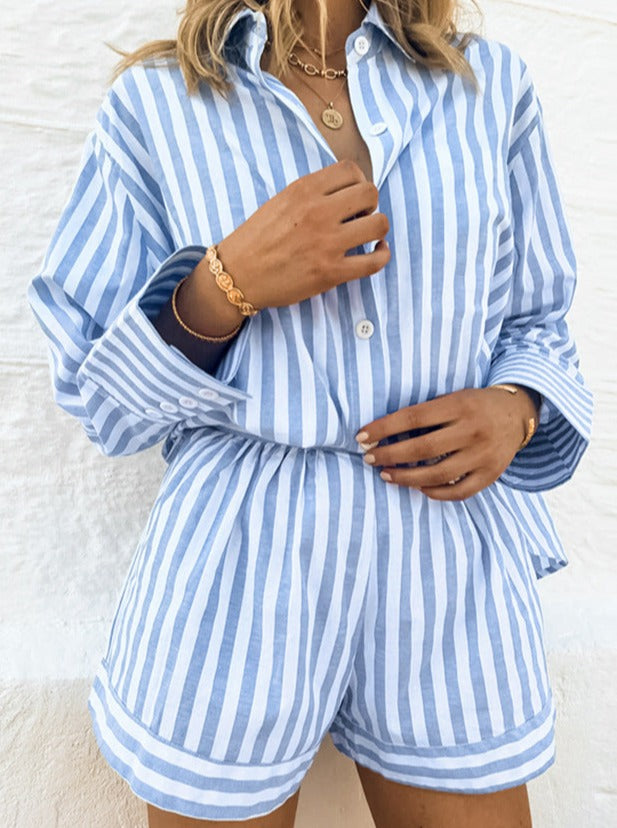 Blue Two Piece Stripes Casual Long Sleeve Shirt Shorts Set