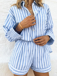 Blue Two Piece Stripes Casual Long Sleeve Shirt Shorts Set