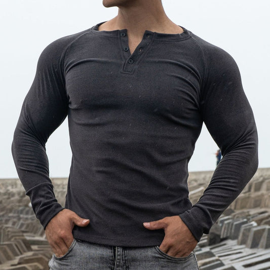 Herren-T-Shirt mit langen Ärmeln, schmale Passform mit Knöpfen - Dario