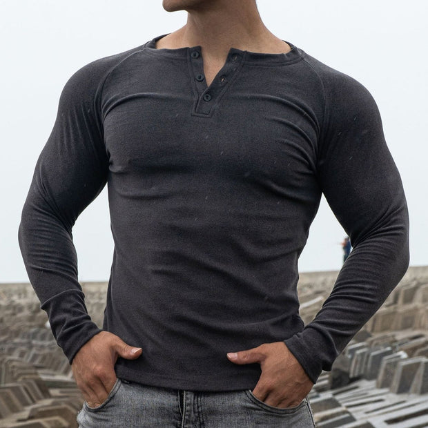 Herren-T-Shirt mit langen Ärmeln, schmale Passform mit Knöpfen - Dario