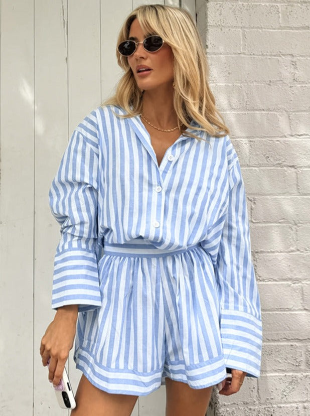Blue Two Piece Stripes Casual Long Sleeve Shirt Shorts Set