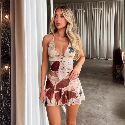 Ensemble 2 pièces pour femmes, imprimé artistique, style dos nu - Julieta