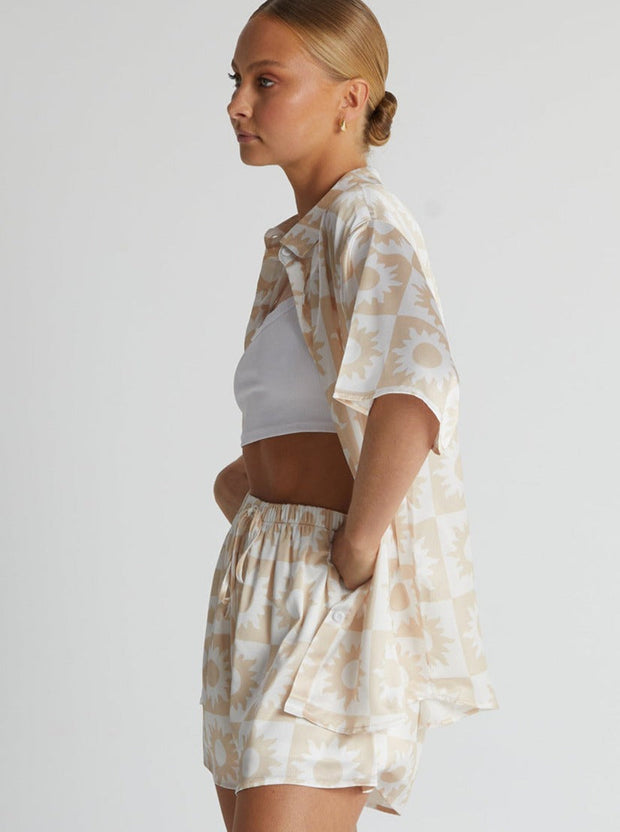 Cream Solid Color Floral Two Piece Loose Set