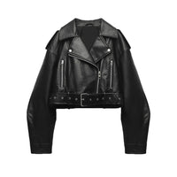 Kurze Damen-Bikerjacke mit Gürtel und Crossover-Verschluss - Zaireth