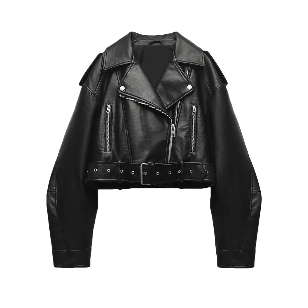 Kurze Damen-Bikerjacke mit Gürtel und Crossover-Verschluss - Zaireth