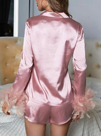 Pink Long Sleeve Feather Pajamas and Shorts Set