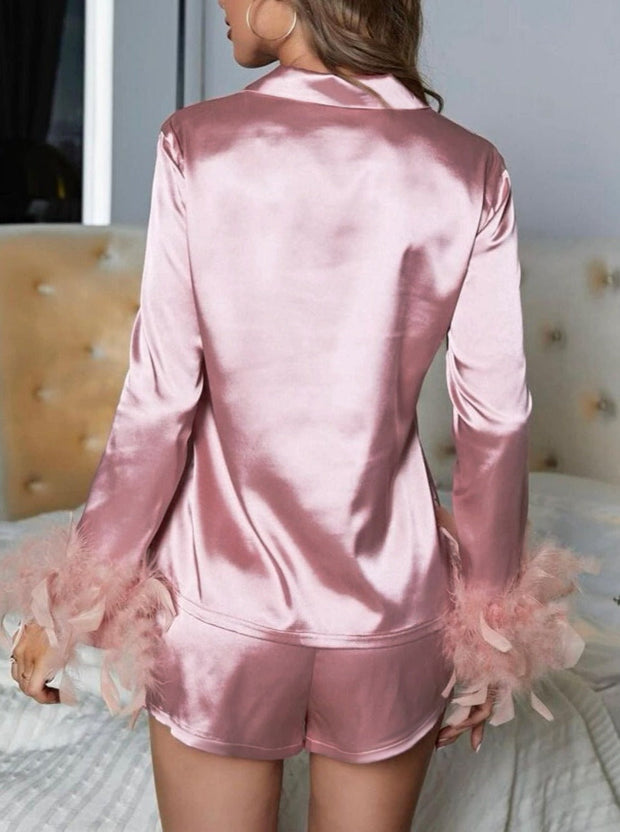 Pink Long Sleeve Feather Pajamas and Shorts Set