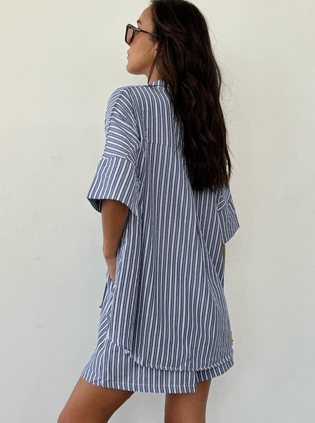 Two Piece Loose White Stripes Short Sleeves Set