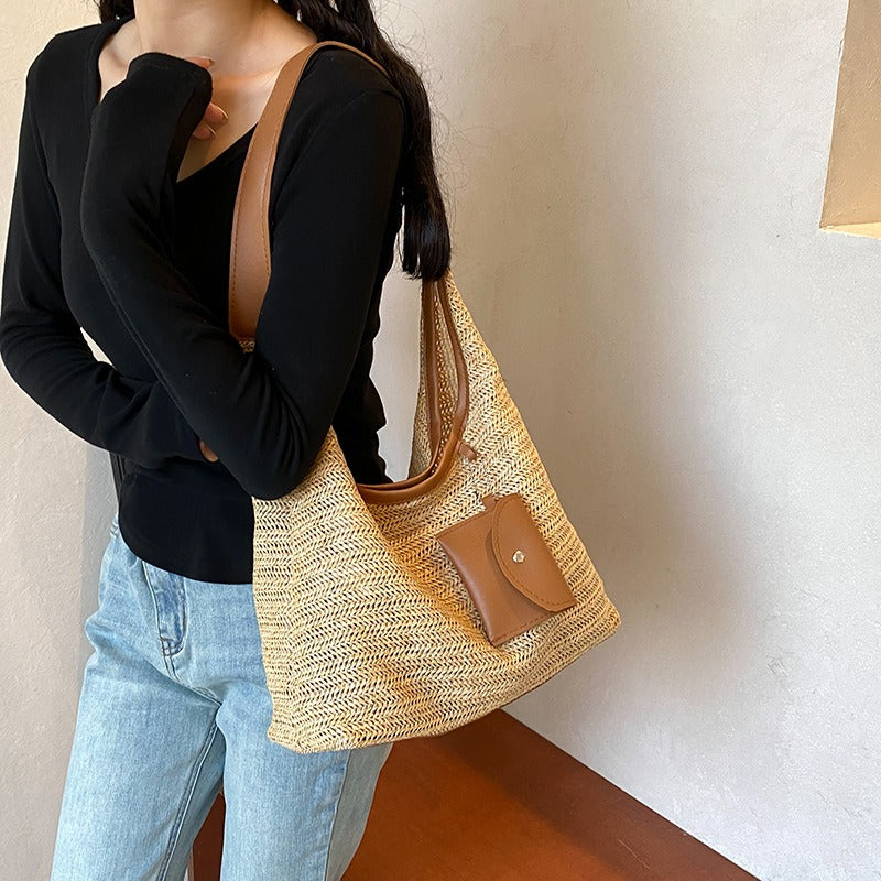 Shopper-Tasche aus gewebtem Raffiabast für Damen mit Geldbeutel-Detail - Martina