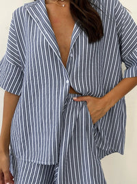 Two Piece Loose White Stripes Short Sleeves Set
