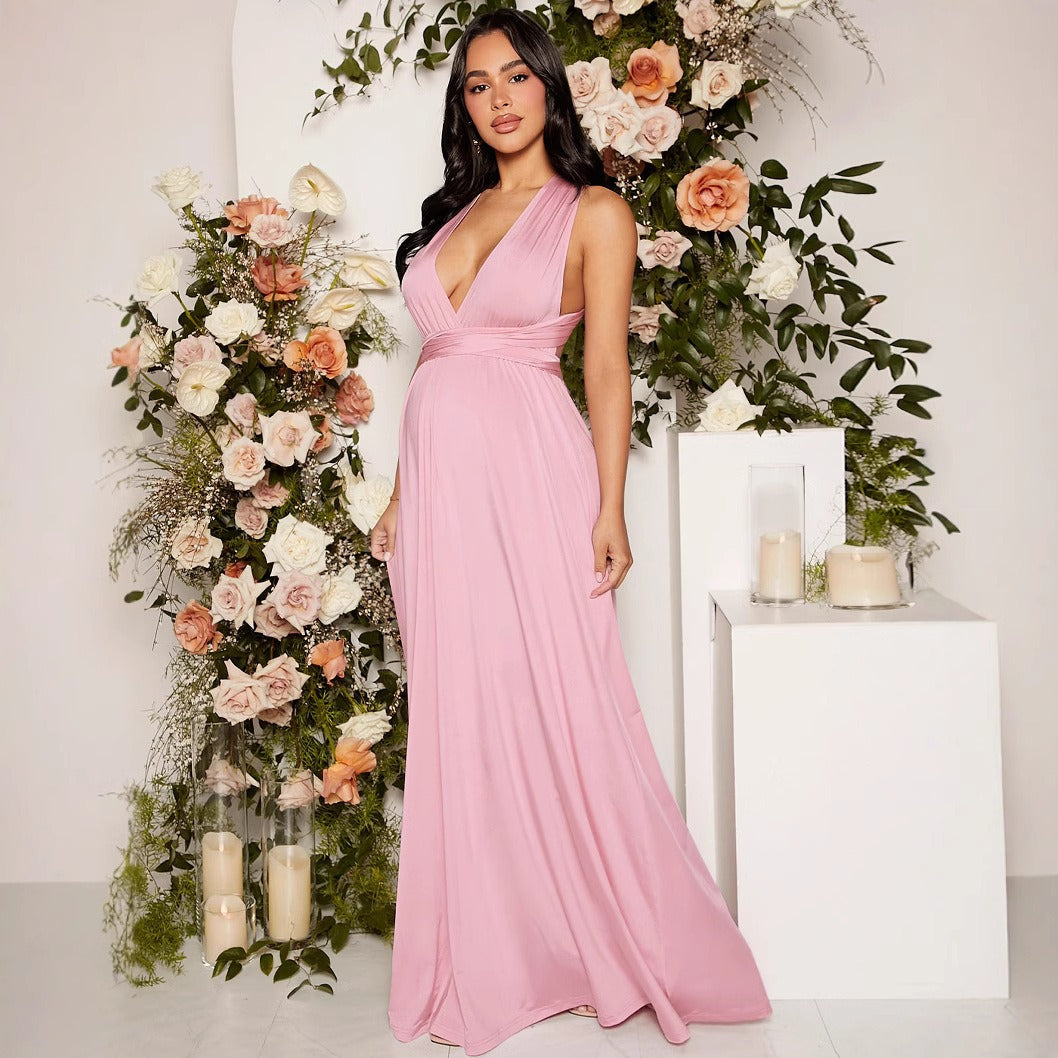 Langes Damenkleid mit fließendem, elastischem Crossover-Ausschnitt - Valeria