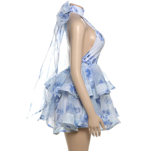 Valeria - Robe courte imprimée avec dos ouvert et encolure licou