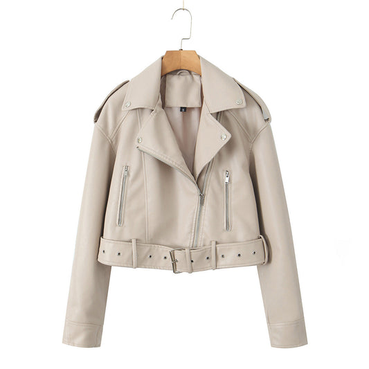 Veste courte de motard pour femme avec ceinture et fermeture croisée - Zaireth