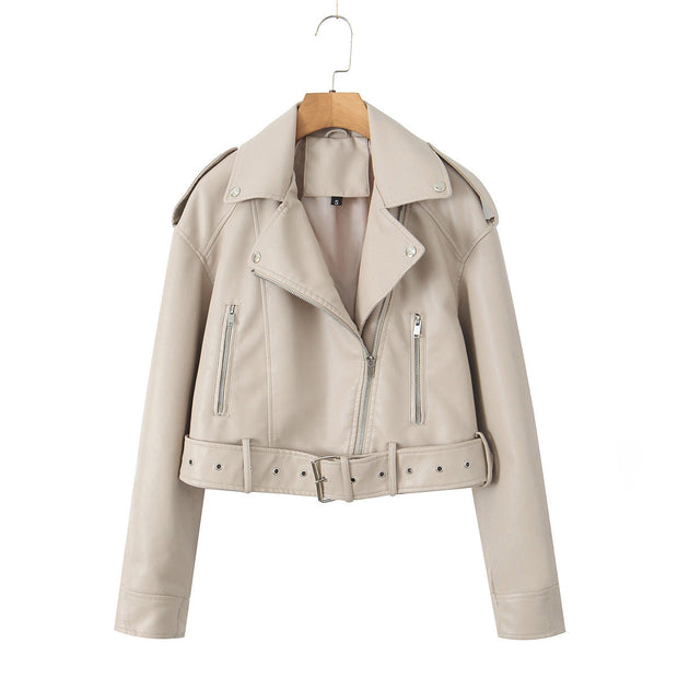 Kurze Damen-Bikerjacke mit Gürtel und Crossover-Verschluss - Zaireth
