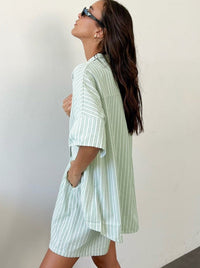 Two Piece Loose White Stripes Short Sleeves Set