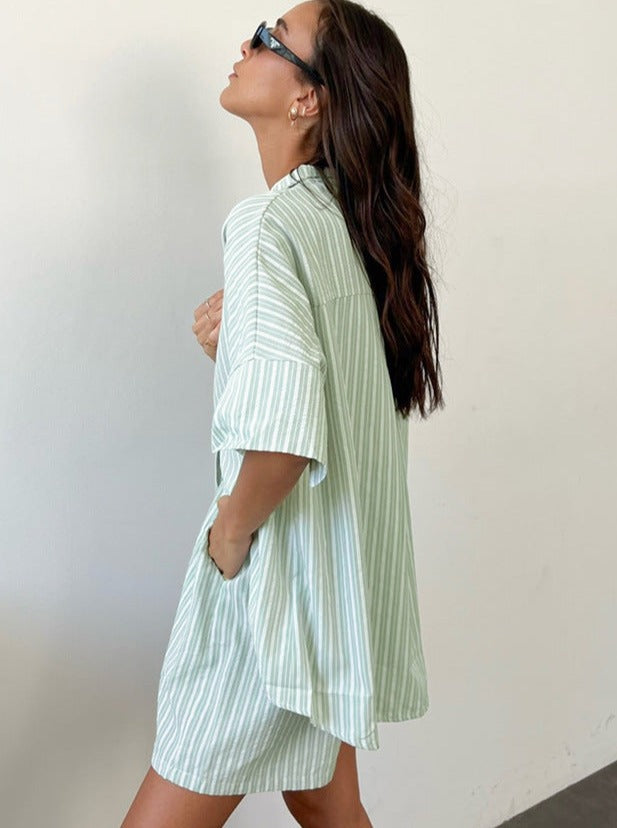 Two Piece Loose White Stripes Short Sleeves Set