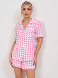 Pink Plaid Two Piece Short-Sleeved Shorts Pajamas Set