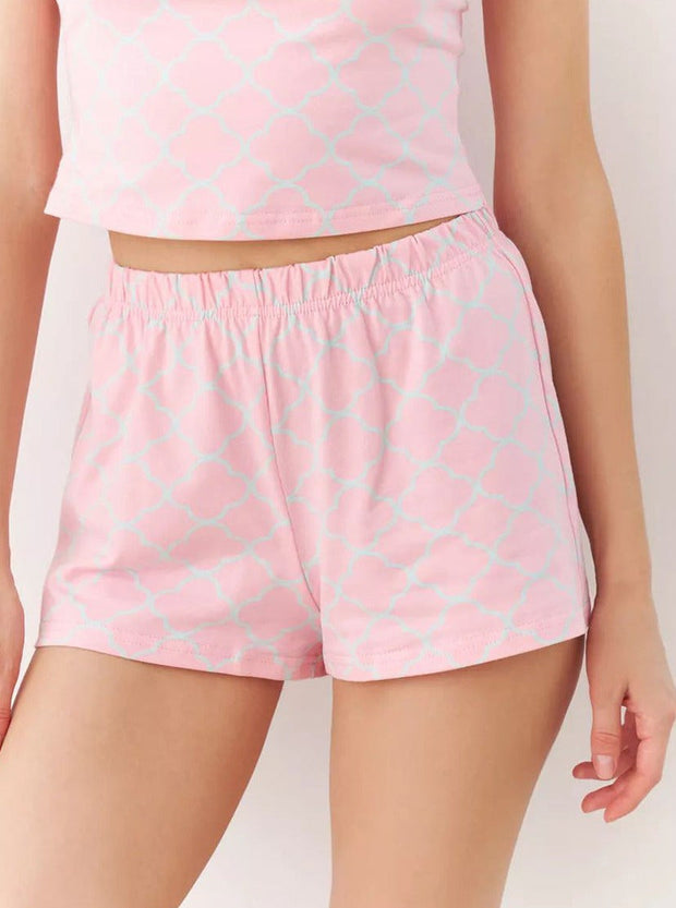 Spring Printed Short Sleeve Pink Pajama Two Piece