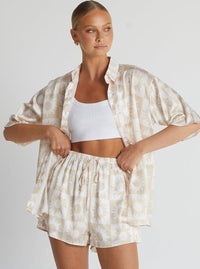 Cream Solid Color Floral Two Piece Loose Set