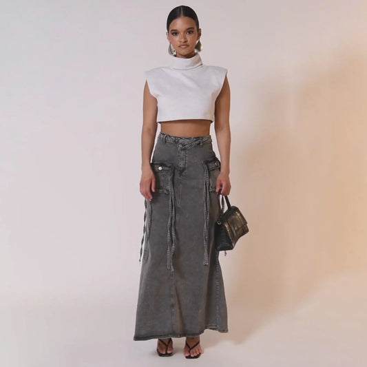 Jupe longue en denim pour femmes avec poches utilitaires style droit - Renata