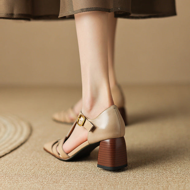 Karolanne - Chaussures à talons blocs à bout carré et bride en T