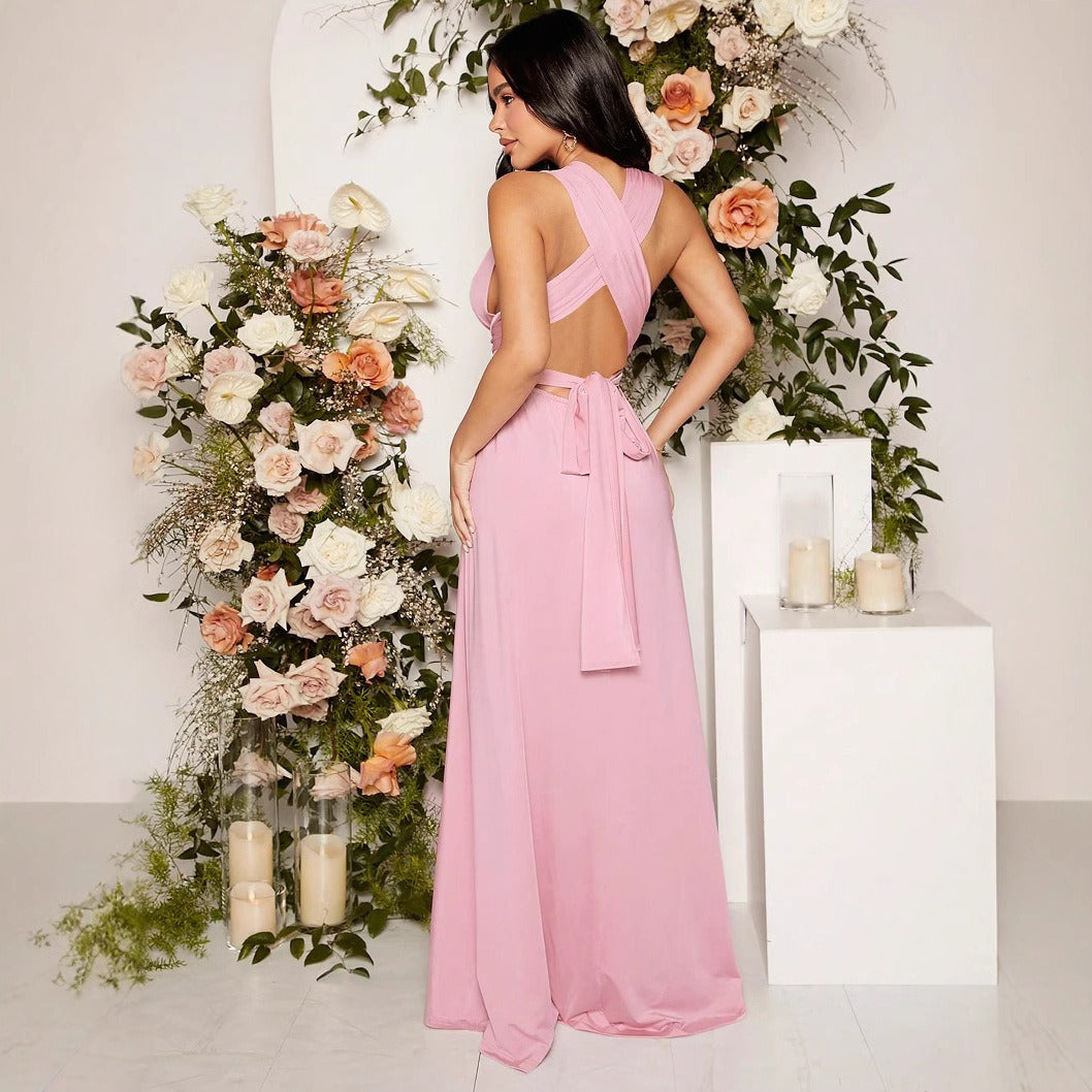Langes Damenkleid mit fließendem, elastischem Crossover-Ausschnitt - Valeria