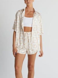 Cream Solid Color Floral Two Piece Loose Set