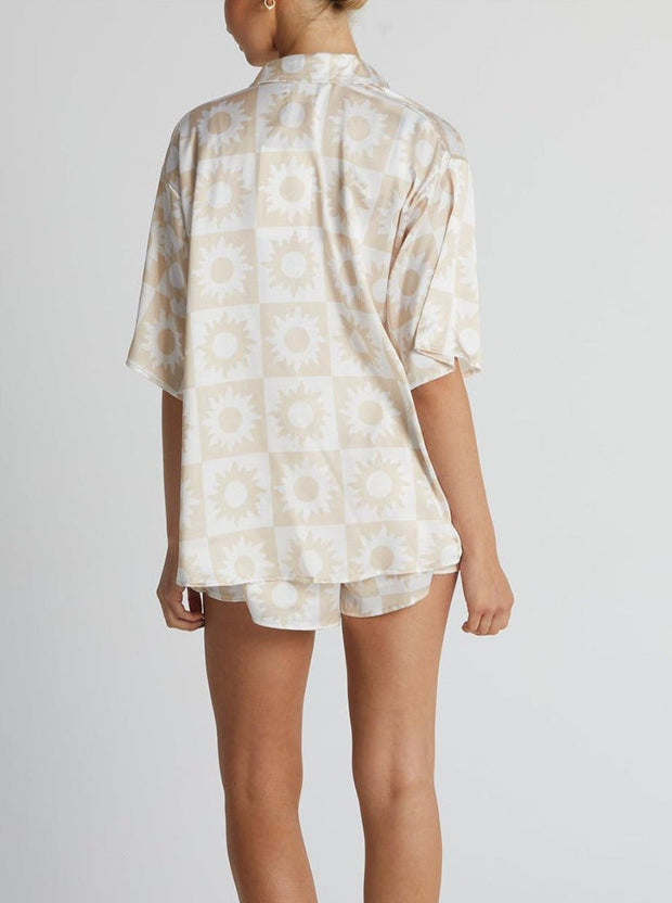 Cream Solid Color Floral Two Piece Loose Set