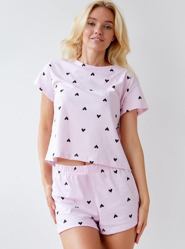 Two Piece Knitted Heart Print Short-Sleeved Shorts Set