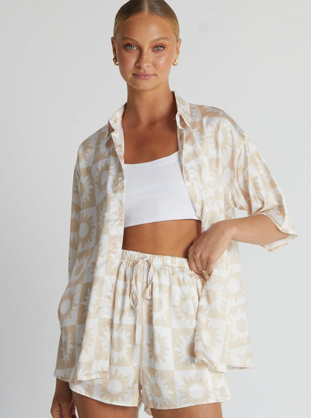 Cream Solid Color Floral Two Piece Loose Set
